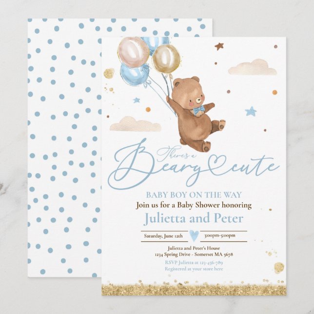 Invitation Teddy Bear Beary mignonne Baby Boy Baby shower ble (Devant / Derrière)