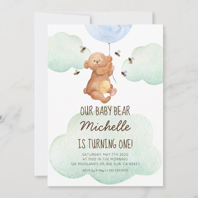Invitation Teddy Bear Bees Baby Bear 1er Anniversaire Invitat (Devant)