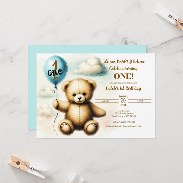 Invitation Teddy Bear Blue Balloon 1er Anniversaire (Devant/Arrière en situation)