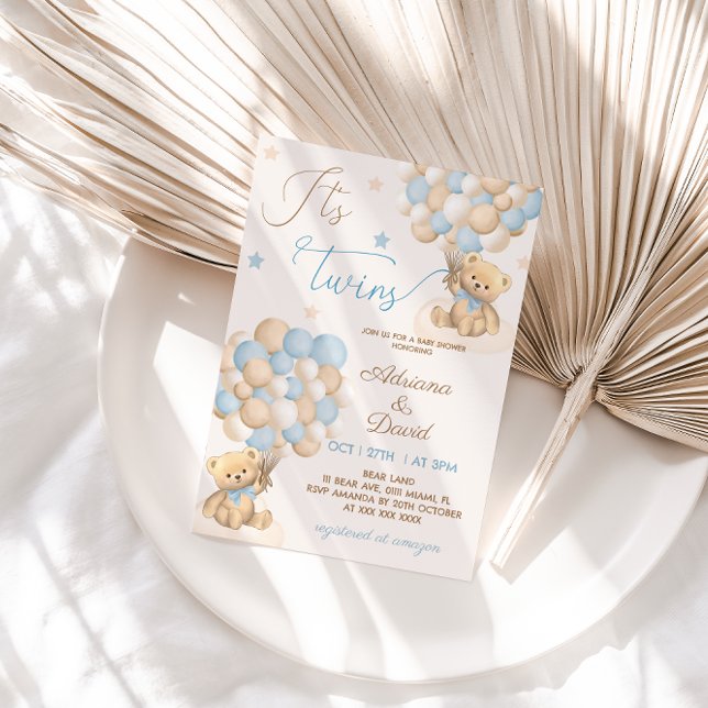 Invitation Teddy Bear Blue Balloons Twin Boys Baby shower (Créateur téléchargé)