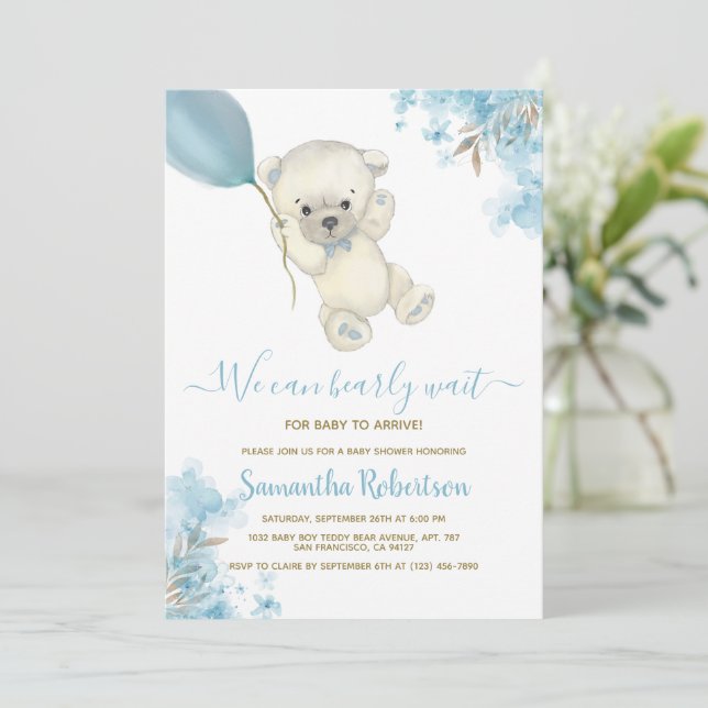 Invitation Teddy Bear Blue Floral Balloon Baby shower garçon (Debout devant)