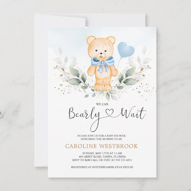Invitation Teddy Bear Boy, Baby shower de feuillage vert (Devant)