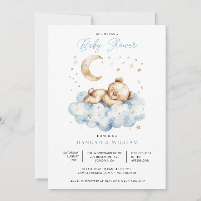 Invitation Teddy Bear Boy Blue Baby Shower  (Devant)