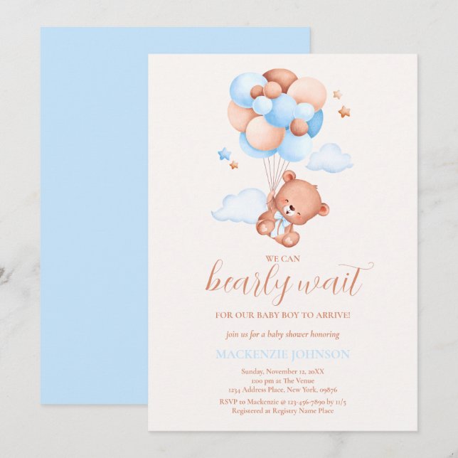 Invitation Teddy Bear Boy Blue Bearly Wait Baby shower (Devant / Derrière)