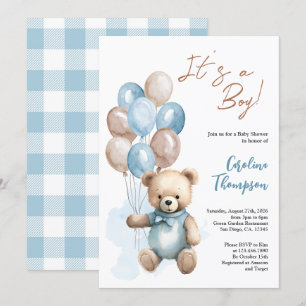 Invitation Teddy Bear Boy Blue Plaid Baby shower Invitatiatia