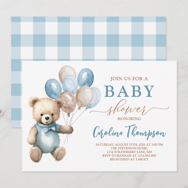 Invitation Teddy Bear Boy Blue Plaid Pastel Baby shower (Devant / Derrière)