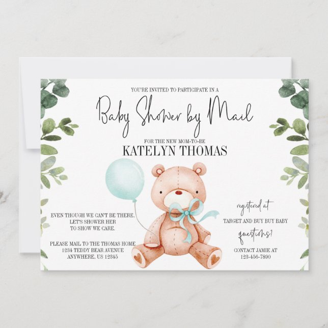 Invitation Teddy Bear Boy Greenery Baby shower par Mail (Devant)