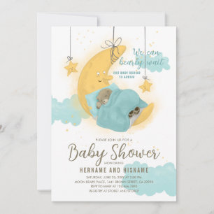 Invitation Teddy Bear Boy Moon Stars Baby shower bleu