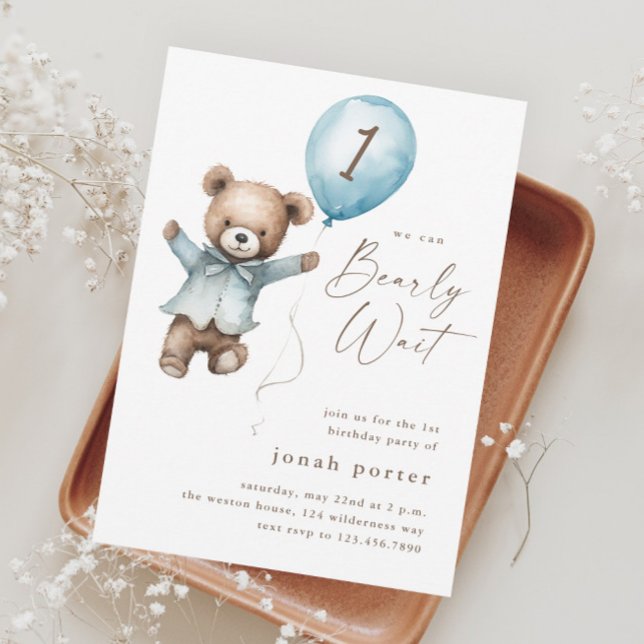 Invitation Teddy Bear Boys 1ère fête d'anniversaire (Teddy Bear Blue Balloon Boys 1st Birthday Party Invitation)