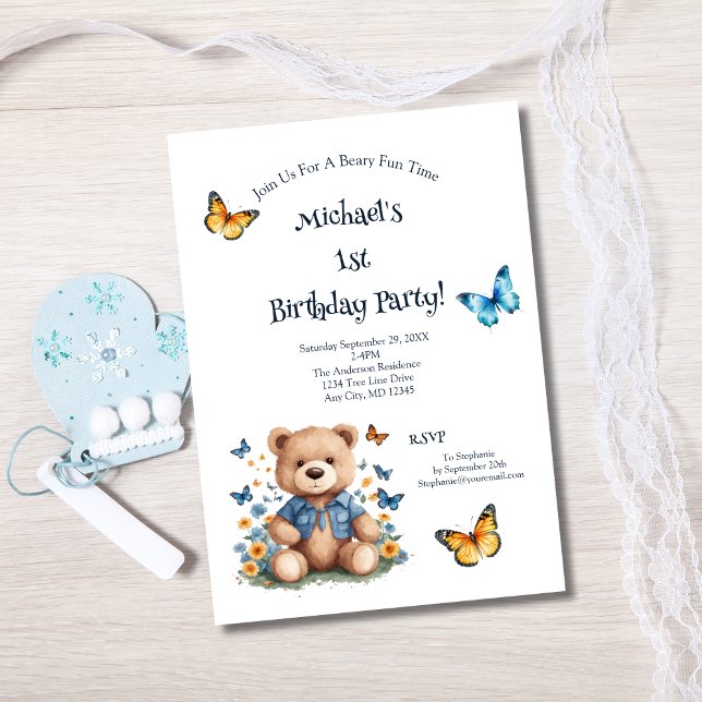 Invitation Teddy Bear Butterflies Baby Boy 1ère fête d'annive (Teddy Bear Butterflies 1st Birthday Invitation Baby Boy Printed or Instant digital download )