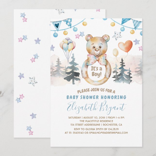 Invitation Teddy Bear - C'est un Baby shower de garçon (Devant / Derrière)