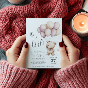 Invitation Teddy Bear C'est une fille Ballons beige violet vi