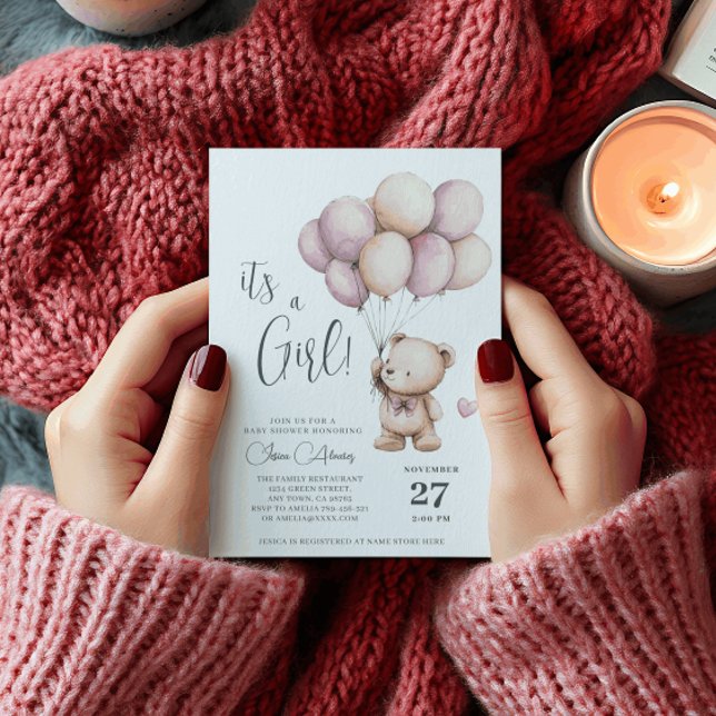 Invitation Teddy Bear C'est une fille Ballons beige violet vi (Créateur téléchargé)