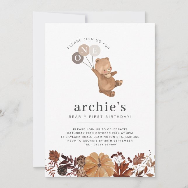 Invitation Teddy Bear Citrouille - 1er Anniversaire Photo Inv (Devant)
