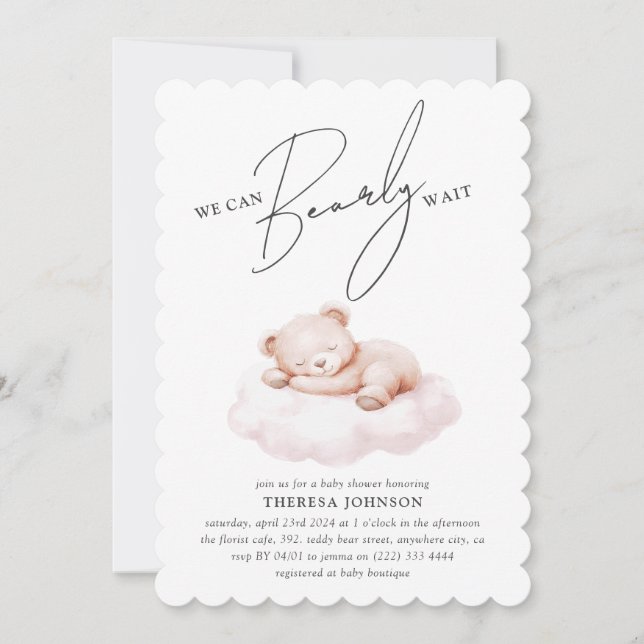 Invitation Teddy Bear Cloud Bearly Wait Girl Baby shower (Devant)