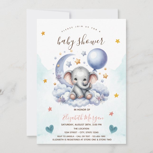 Invitation Teddy Bear Cloud Moon Stars Baby shower (Devant)