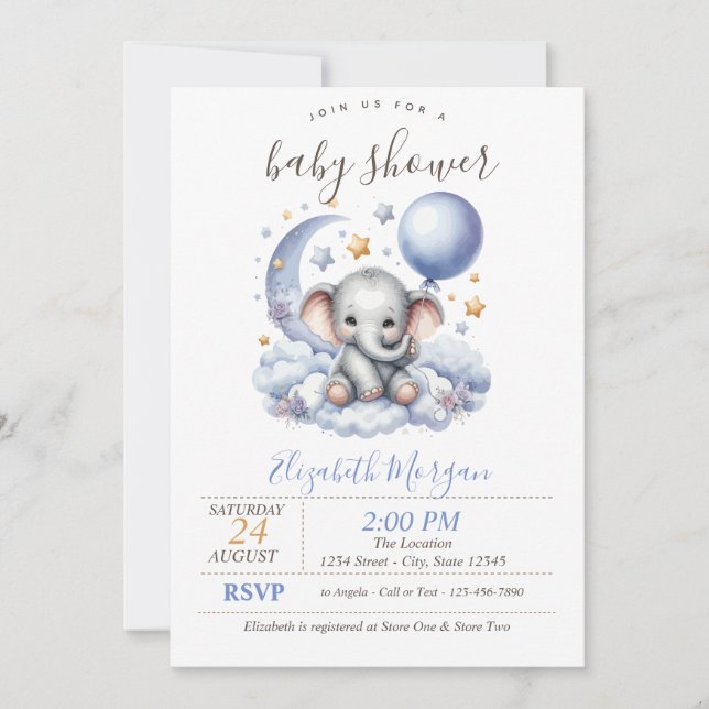 Invitation Teddy Bear Cloud Stars Stripes Baby shower (Devant)