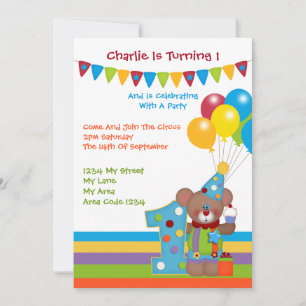 Invitation Teddy Bear Clown Première fête d'anniversaire