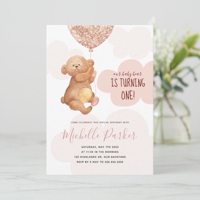 Invitation Teddy Bear Cub Pink Nuds 1er Anniversaire Invitati (Debout devant)