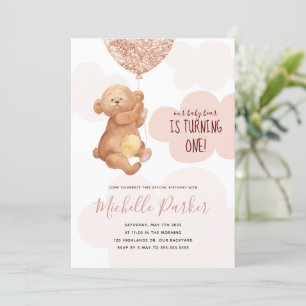 Invitation Teddy Bear Cub Pink Nuds 1er Anniversaire Invitati