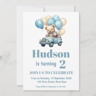 Invitation Teddy Bear dans une voiture Anniversaire Fête Invi