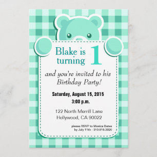 Invitation Teddy Bear En vichy Plaid Bird  vert menthe