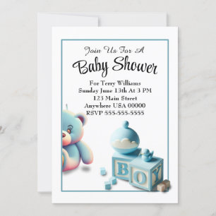 Invitation Teddy Bear et Baby Blocks Baby shower garçon
