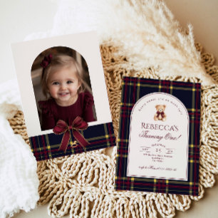 Invitation Teddy Bear Girl 1er Anniversaire Preppy Plaid Anni