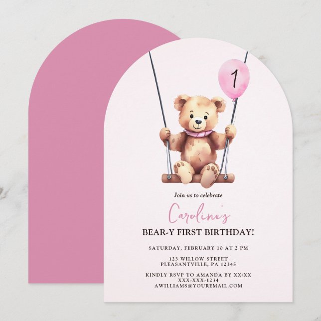 Invitation Teddy Bear Girl Premier anniversaire (Devant / Derrière)