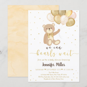 Invitation Teddy Bear Gold Balloon Sexe Baby shower neutre