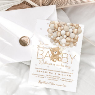 Invitation Teddy Bear Gold Balloon Sexe Baby shower neutre