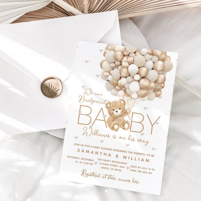 Invitation Teddy Bear Gold Balloon Sexe Baby shower neutre (Créateur téléchargé)