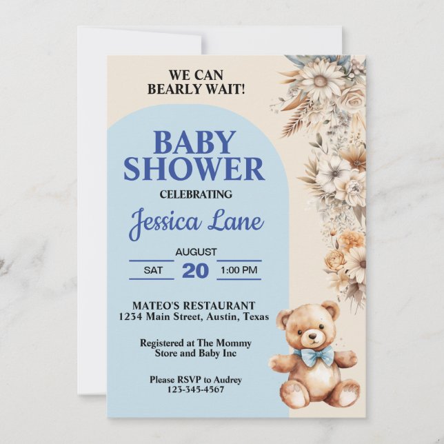 Invitation Teddy Bear Joli Fleurs Rustiques Baby shower garço (Devant)