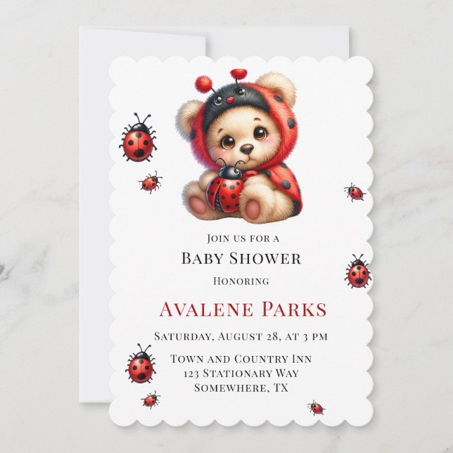 Invitation Teddy Bear Ladybug Stripes Baby shower fille (Devant)