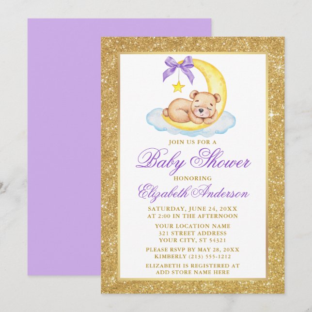 Invitation Teddy Bear Lune Gold Parties scintillant Baby show (Devant / Derrière)