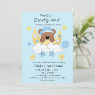 Invitation Teddy Bear Lune Nuages Stars Baby Boy Douche