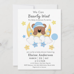 Invitation Teddy Bear Lune Nuages Stars Baby Boy Douche