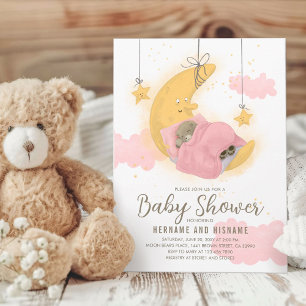 Invitation Teddy Bear Lune Stars Girl Baby shower