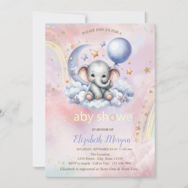 Invitation Teddy Bear Moon Cloud Rainbow Baby shower (Devant)
