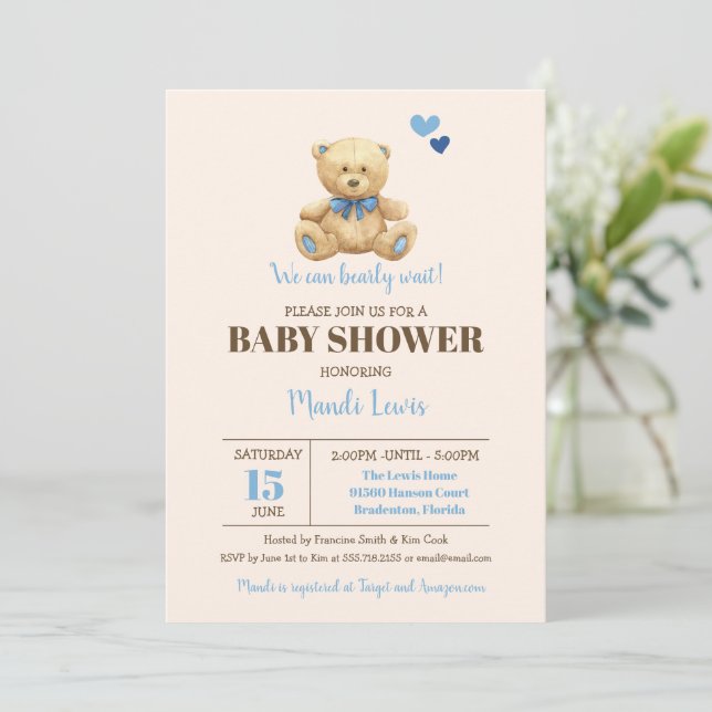 Invitation Teddy Bear Nous Pouvons Attendre Baby shower Garço (Debout devant)