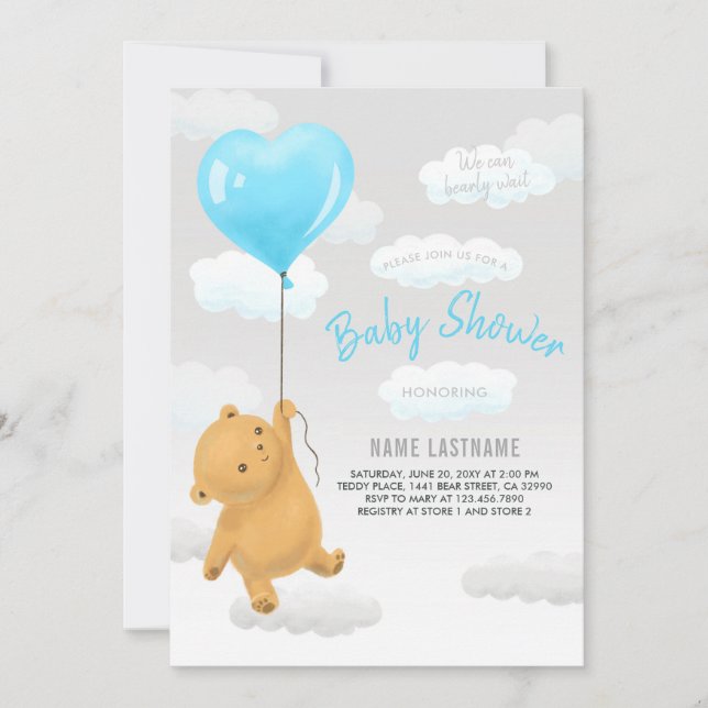 Invitation Teddy Bear On Peut Attendre Un Baby shower Garçon (Devant)