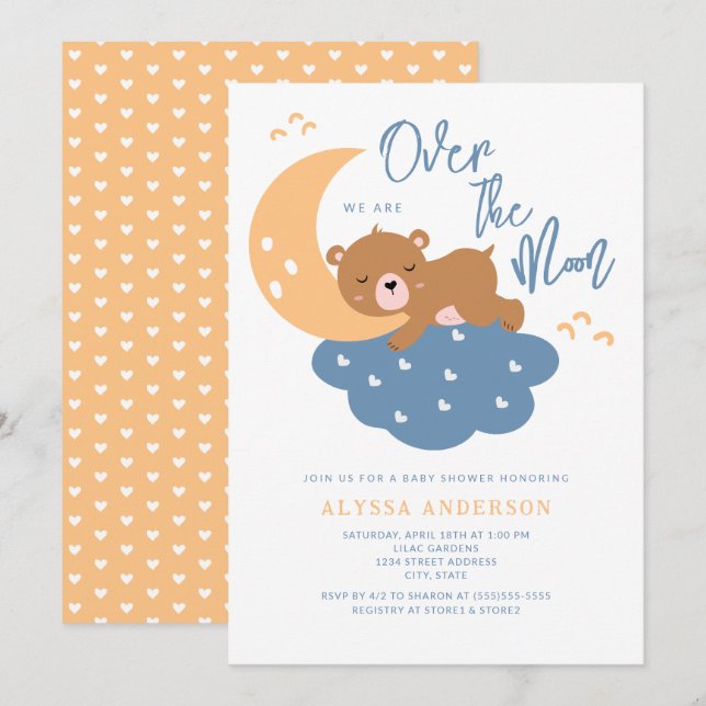 Invitation Teddy Bear Over the Moon Baby shower (Devant / Derrière)