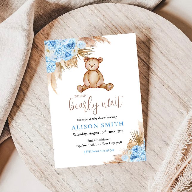 Invitation Teddy Bear Pampas Grass Bearly Wait Baby shower (Créateur téléchargé)