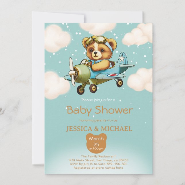 Invitation Teddy Bear Petit Baby shower d'avion pilote (Devant)
