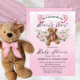 Invitation Teddy Bear peut attendre rose fille Baby shower I