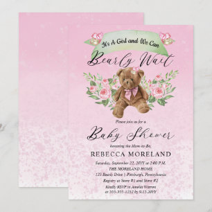 Invitation Teddy Bear peut attendre rose fille Baby shower I