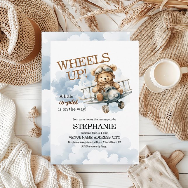 Invitation Teddy Bear Pilote sur son chemin Baby Boy (Teddy bear and airplane baby boy baby shower invitation)