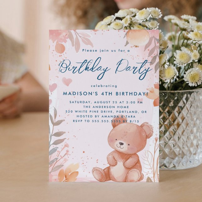 Invitation Teddy Bear Pink Anniversaire de enfant Party (Créateur téléchargé)