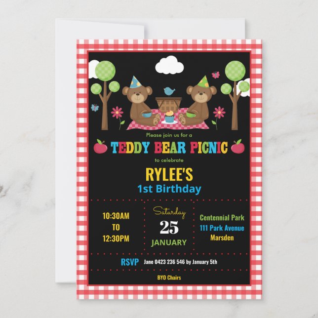 Invitation Teddy Bear Pique-nique 1er Anniversaire Fête Garço (Devant)