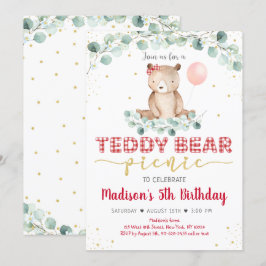 Invitation Teddy Bear Pique-nique Red Gold Green Anniversaire
